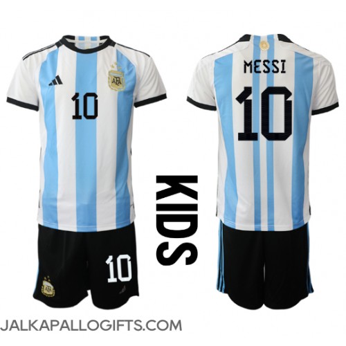 Argentiina Lionel Messi #10 Koti Peliasu Lasten MM-kisat 2022 Lyhythihainen (+ Lyhyet housut)